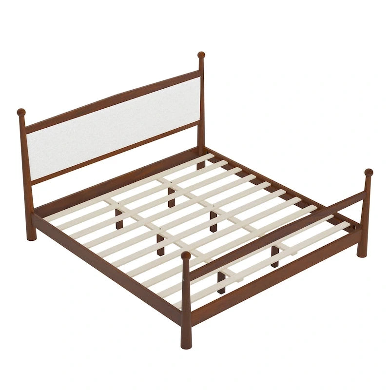 Lit plateforme mi-siècle en pin massif avec tête de lit capitonnée en bouclé, couleur marron naturel