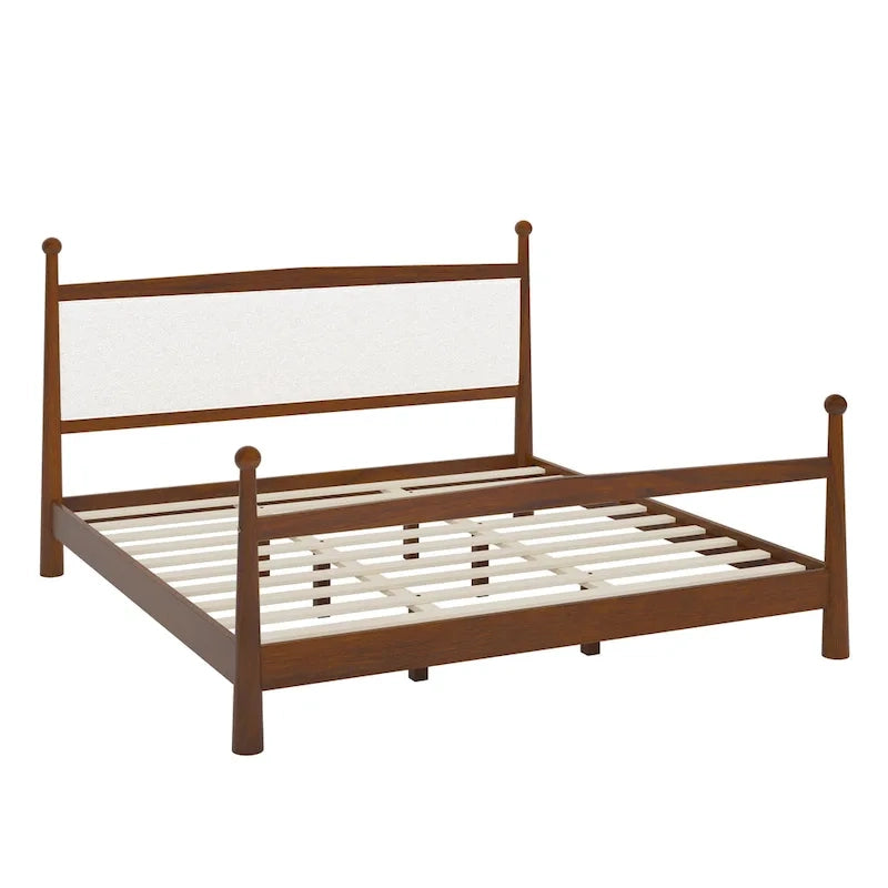 Lit plateforme mi-siècle en pin massif avec tête de lit capitonnée en bouclé, couleur marron naturel