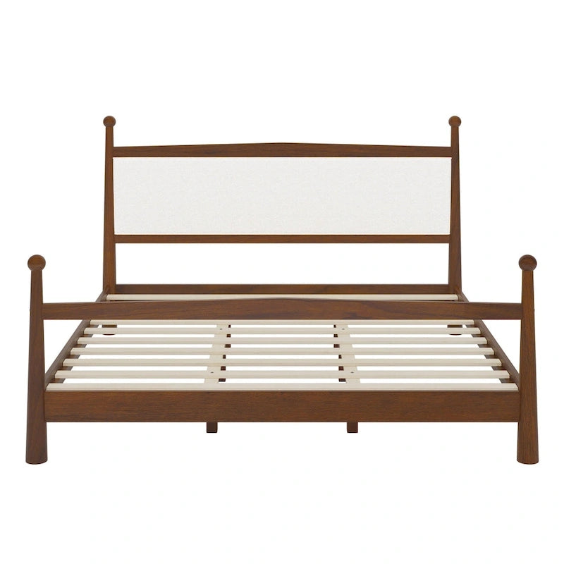 Lit plateforme mi-siècle en pin massif avec tête de lit capitonnée en bouclé, couleur marron naturel