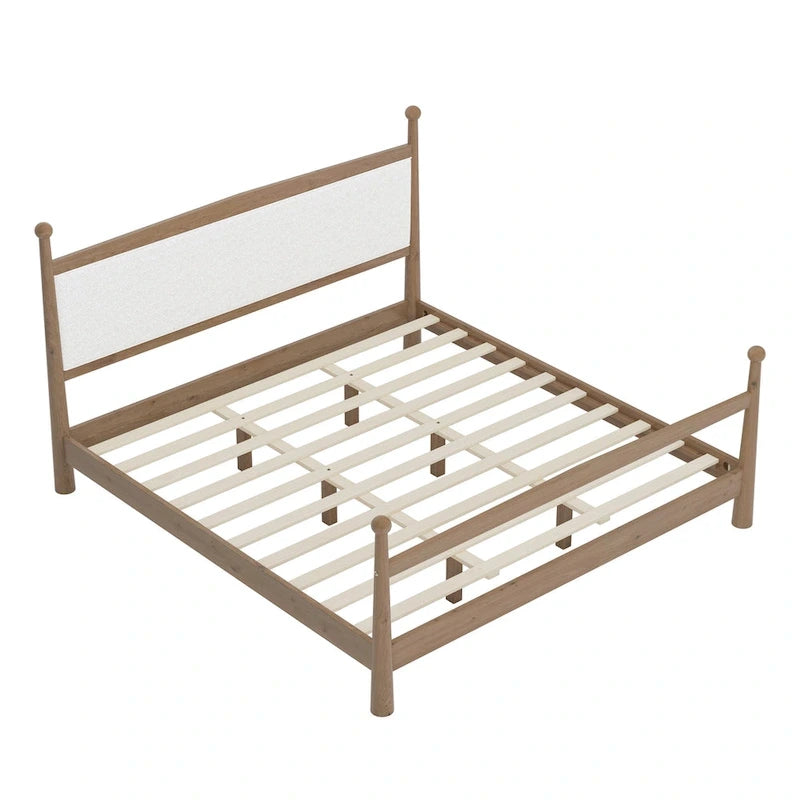 Lit plateforme mi-siècle en pin massif avec tête de lit capitonnée en bouclé, couleur marron naturel
