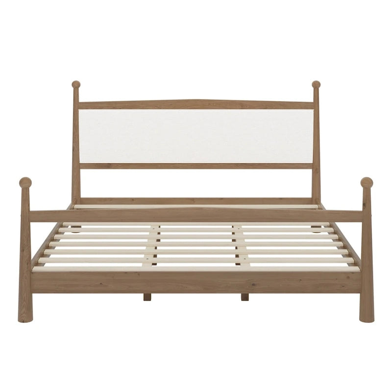 Lit plateforme mi-siècle en pin massif avec tête de lit capitonnée en bouclé, couleur marron naturel