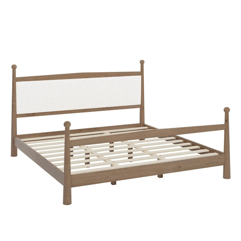 Lit plateforme mi-siècle en pin massif avec tête de lit capitonnée en bouclé, couleur marron naturel