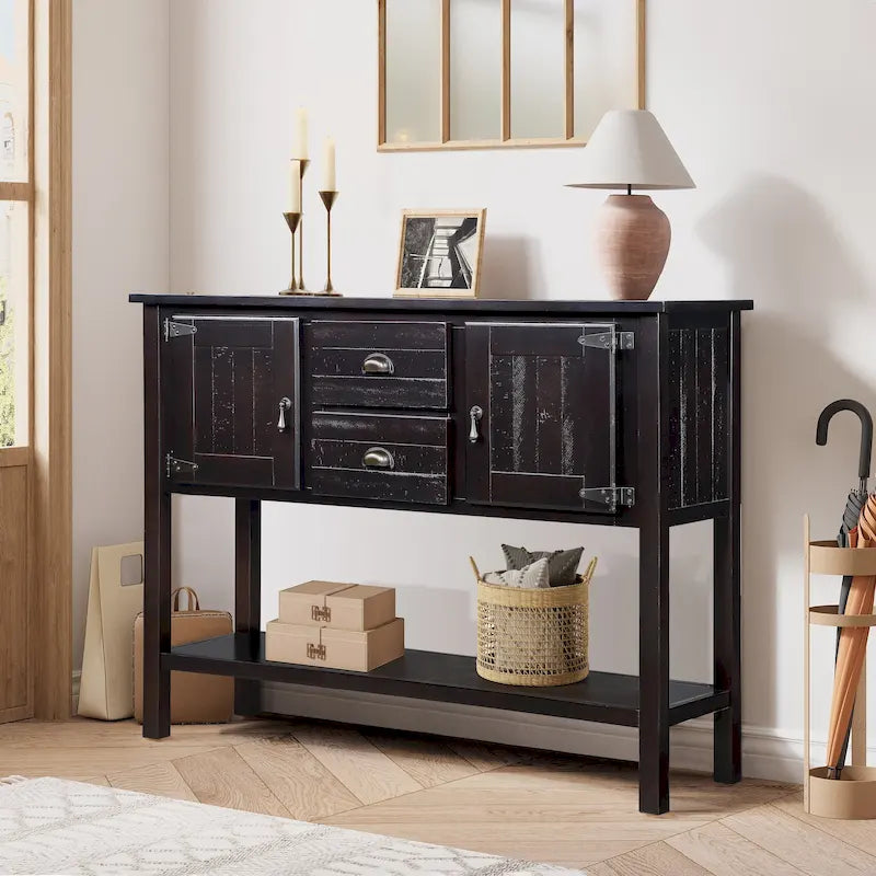 Console en bois foncé expresso avec 2 tiroirs, 2 placards et une étagère inférieure