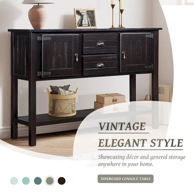 Console en bois foncé expresso avec 2 tiroirs, 2 placards et une étagère inférieure