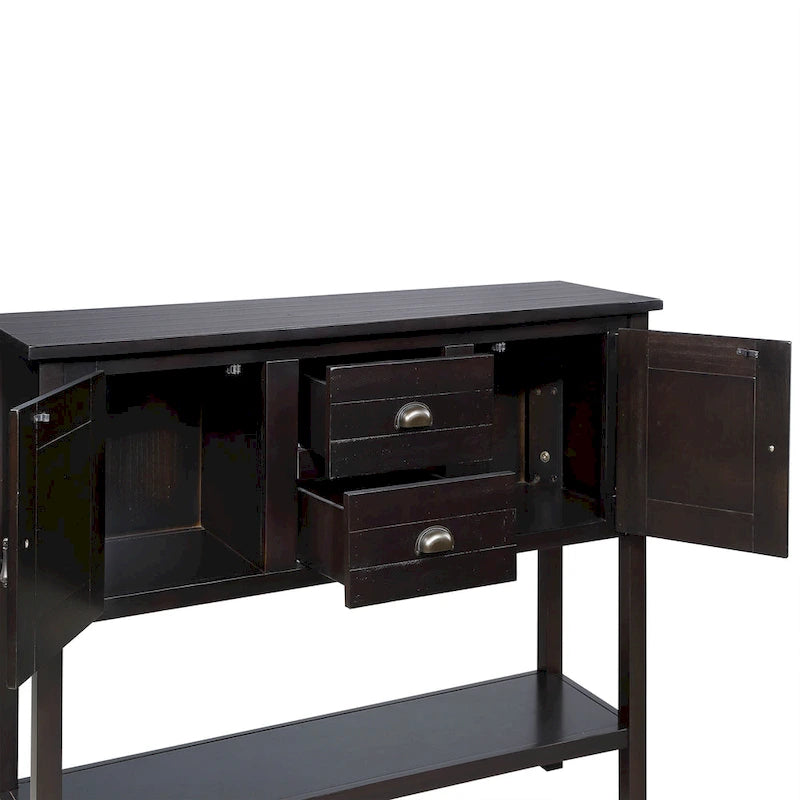 Console en bois foncé expresso avec 2 tiroirs, 2 placards et une étagère inférieure