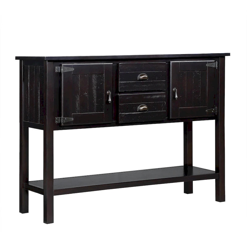 Console en bois foncé expresso avec 2 tiroirs, 2 placards et une étagère inférieure