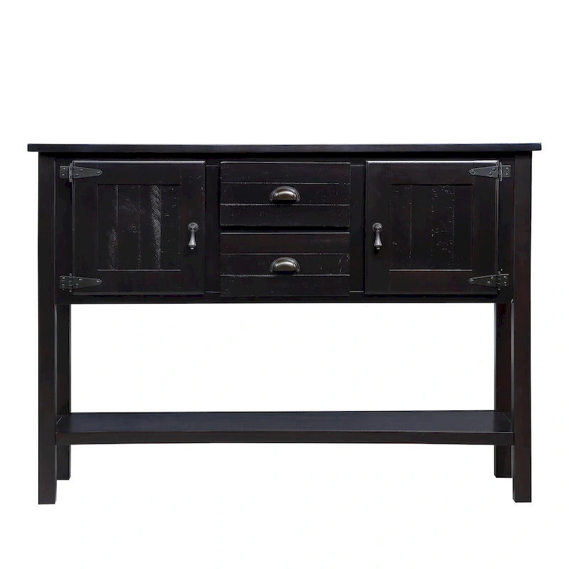 Console en bois foncé expresso avec 2 tiroirs, 2 placards et une étagère inférieure
