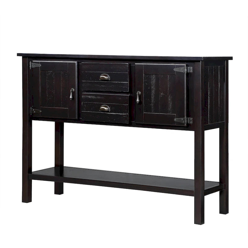 Console en bois foncé expresso avec 2 tiroirs, 2 placards et une étagère inférieure