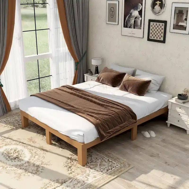 Solid Wood Queen Platform Bed Frame No Box Spring Needed Natural Brown