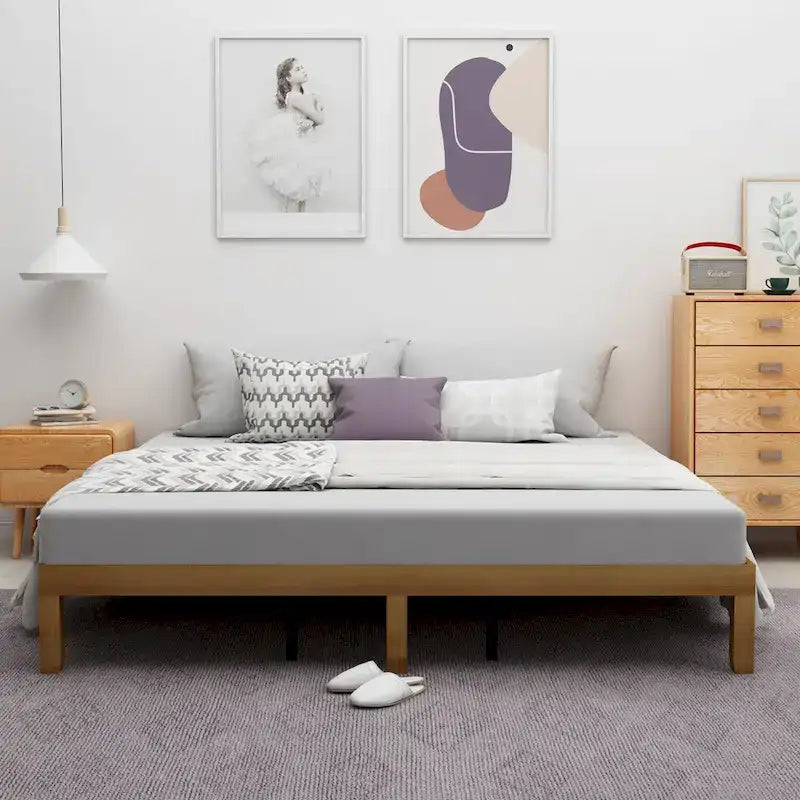 Solid Wood Queen Platform Bed Frame No Box Spring Needed Natural Brown