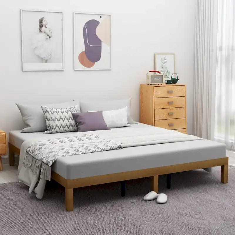 Solid Wood Queen Platform Bed Frame No Box Spring Needed Natural Brown