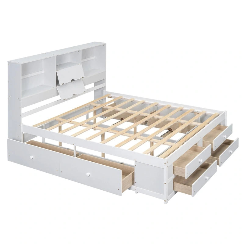 Lit plateforme en bois massif avec tête de lit bibliothèque et 8 tiroirs de rangement, Gris Blanc