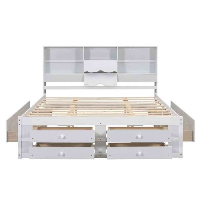 Lit plateforme en bois massif avec tête de lit bibliothèque et 8 tiroirs de rangement, Gris Blanc