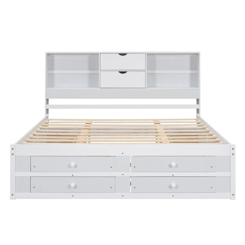 Lit plateforme en bois massif avec tête de lit bibliothèque et 8 tiroirs de rangement, Gris Blanc