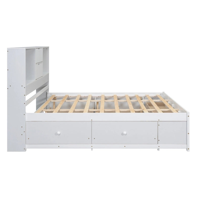 Lit plateforme en bois massif avec tête de lit bibliothèque et 8 tiroirs de rangement, Gris Blanc