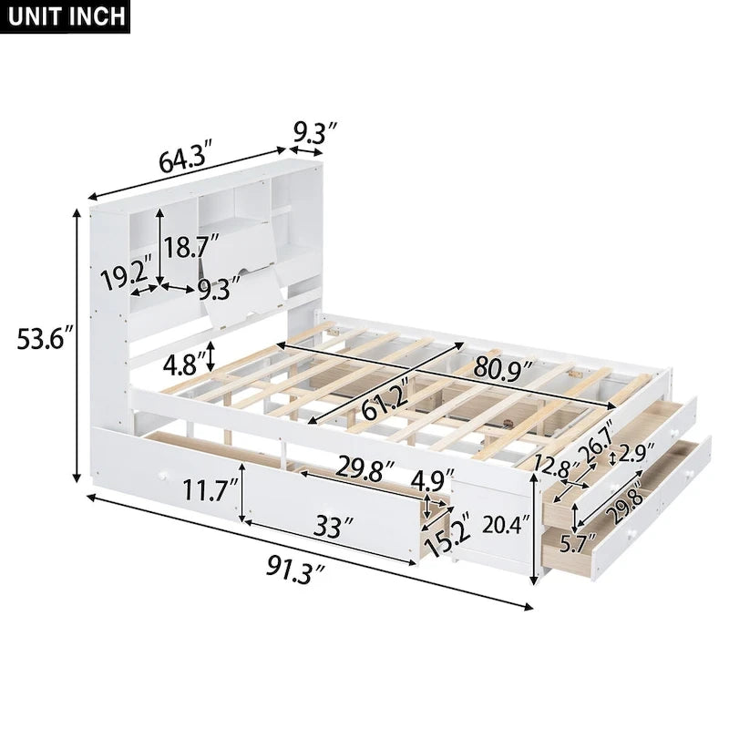 Lit plateforme en bois massif avec tête de lit bibliothèque et 8 tiroirs de rangement, Gris Blanc