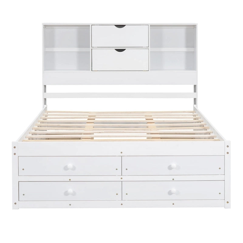 Lit plateforme en bois massif avec tête de lit bibliothèque et 8 tiroirs de rangement, Gris Blanc