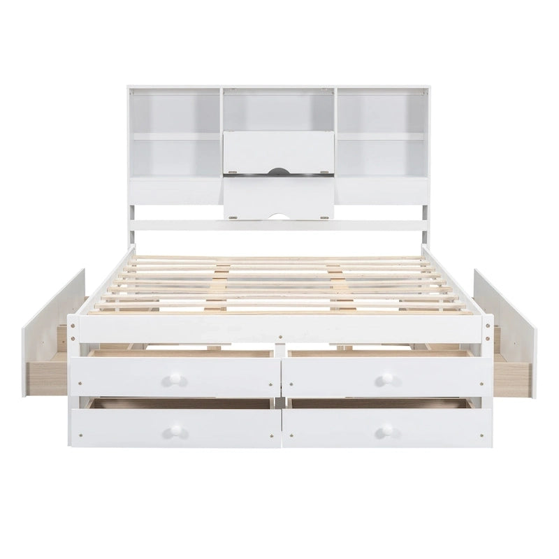 Lit plateforme en bois massif avec tête de lit bibliothèque et 8 tiroirs de rangement, Gris Blanc