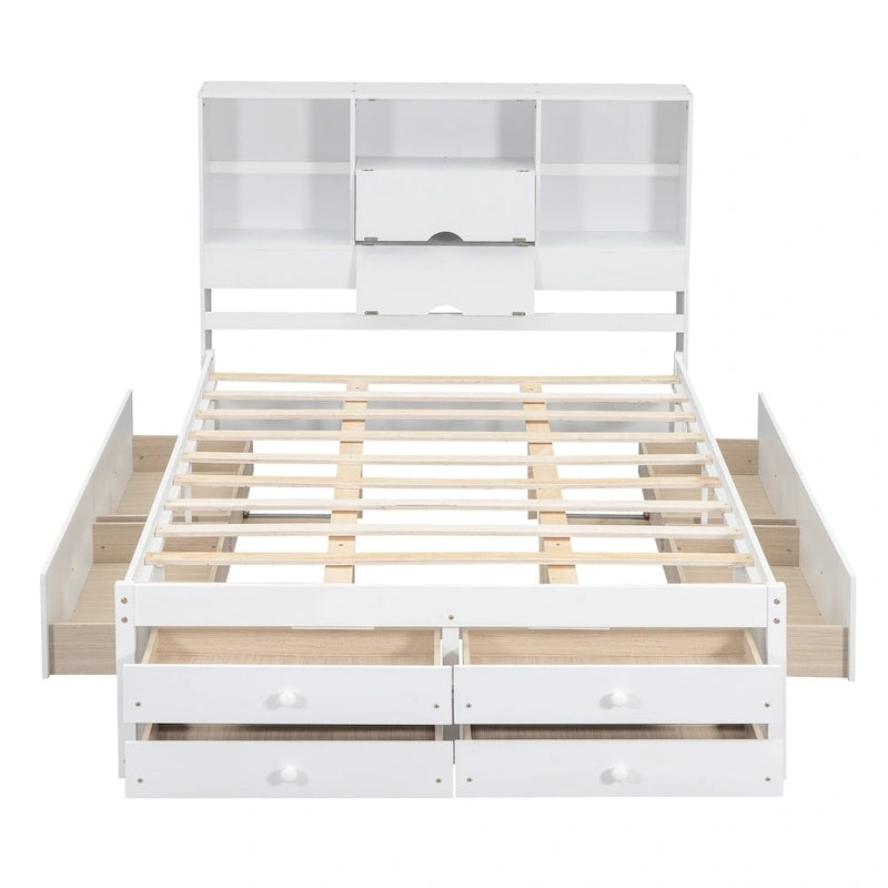 Lit plateforme en bois massif avec tête de lit bibliothèque et 8 tiroirs de rangement, Gris Blanc