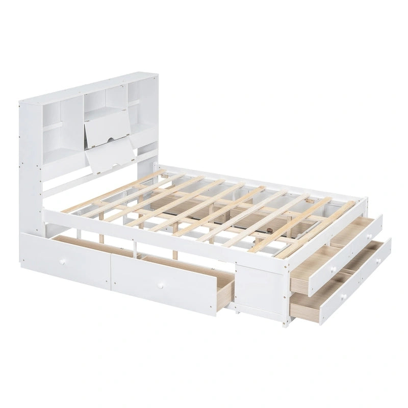 Lit plateforme en bois massif avec tête de lit bibliothèque et 8 tiroirs de rangement, Gris Blanc
