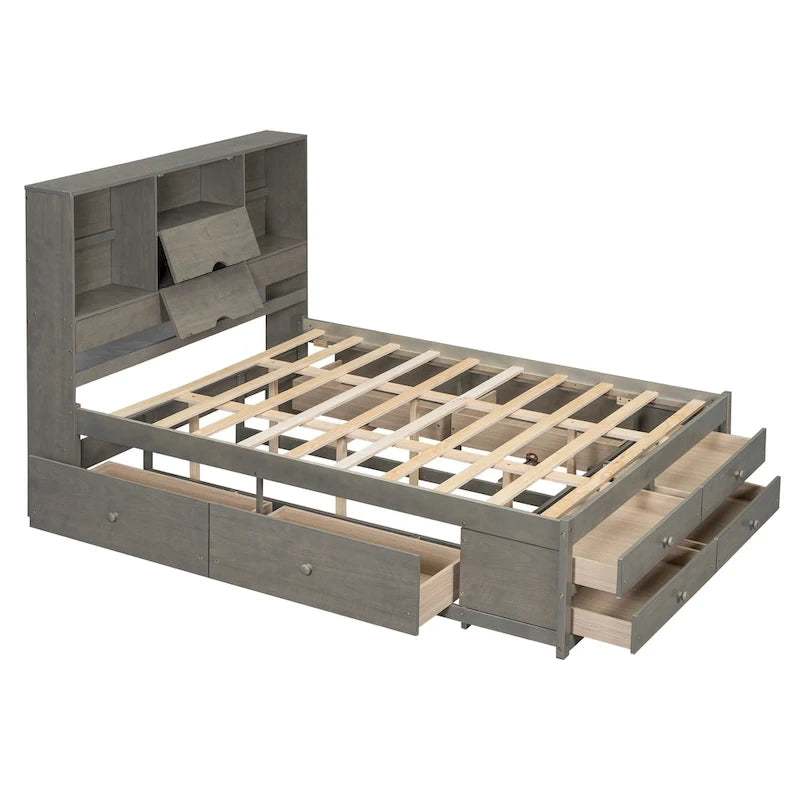 Lit plateforme en bois massif avec tête de lit bibliothèque et 8 tiroirs de rangement, Gris Blanc