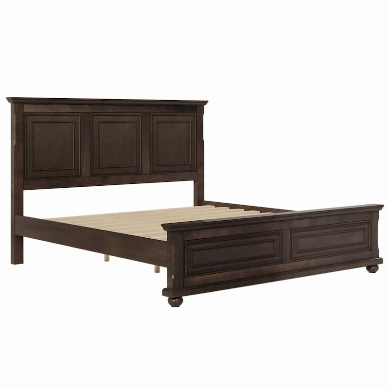 Cadre de lit King size traditionnel en pin marron avec tête de lit sculptée et lattes en bois
