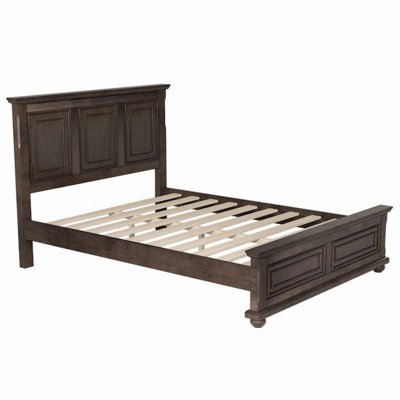 Cadre de lit King size traditionnel en pin marron avec tête de lit sculptée et lattes en bois