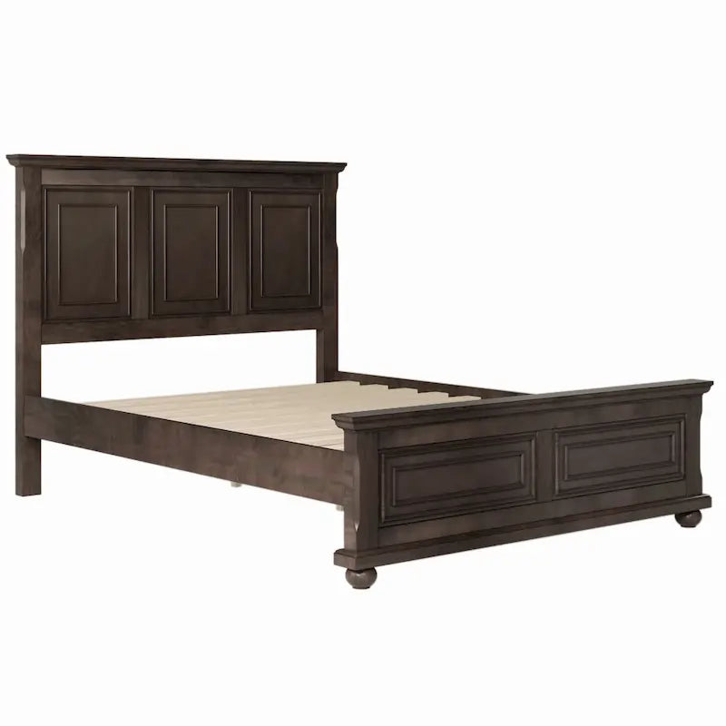 Cadre de lit King size traditionnel en pin marron avec tête de lit sculptée et lattes en bois