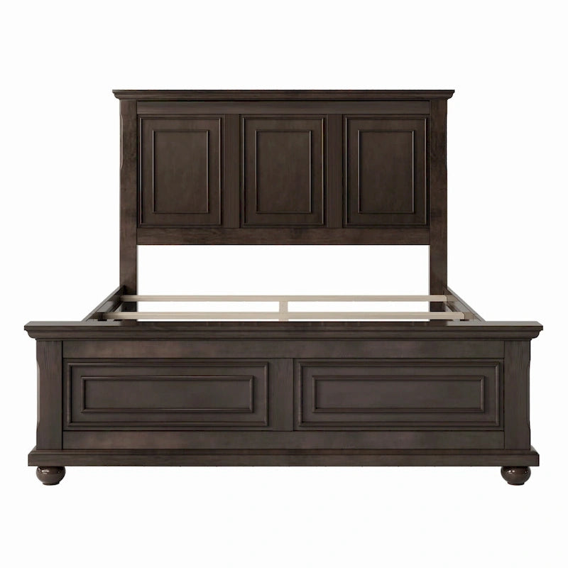 Cadre de lit King size traditionnel en pin marron avec tête de lit sculptée et lattes en bois