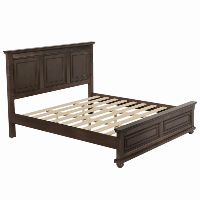 Cadre de lit King size traditionnel en pin marron avec tête de lit sculptée et lattes en bois