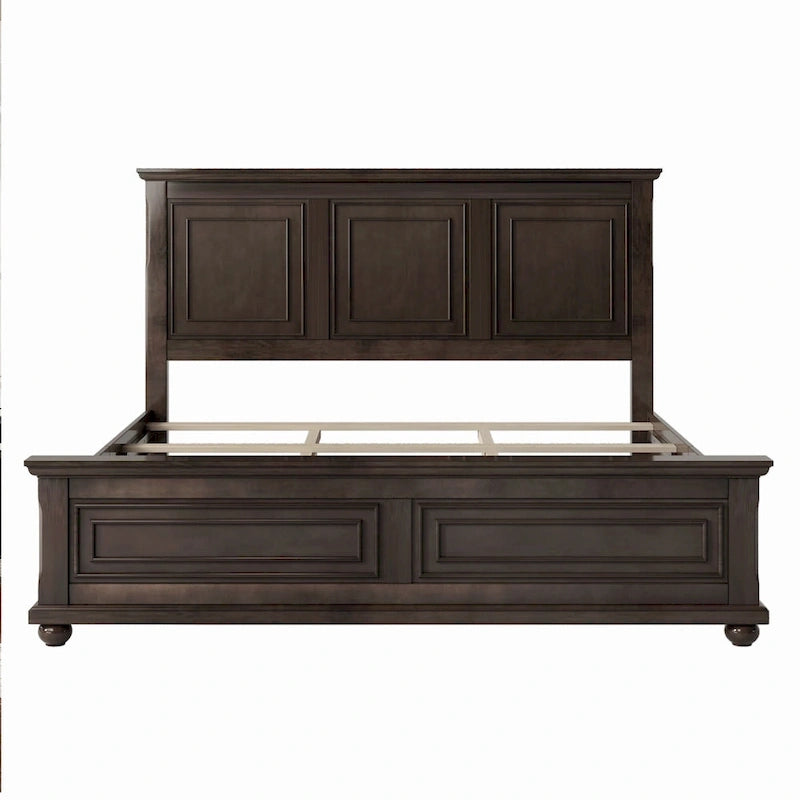 Cadre de lit King size traditionnel en pin marron avec tête de lit sculptée et lattes en bois