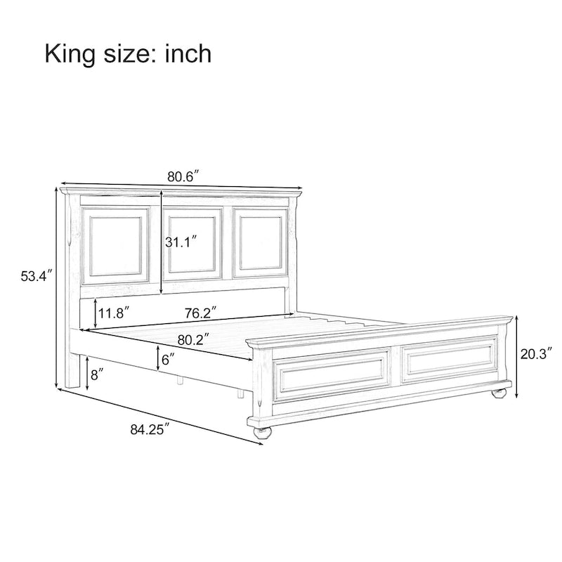Cadre de lit King size traditionnel en pin marron avec tête de lit sculptée et lattes en bois