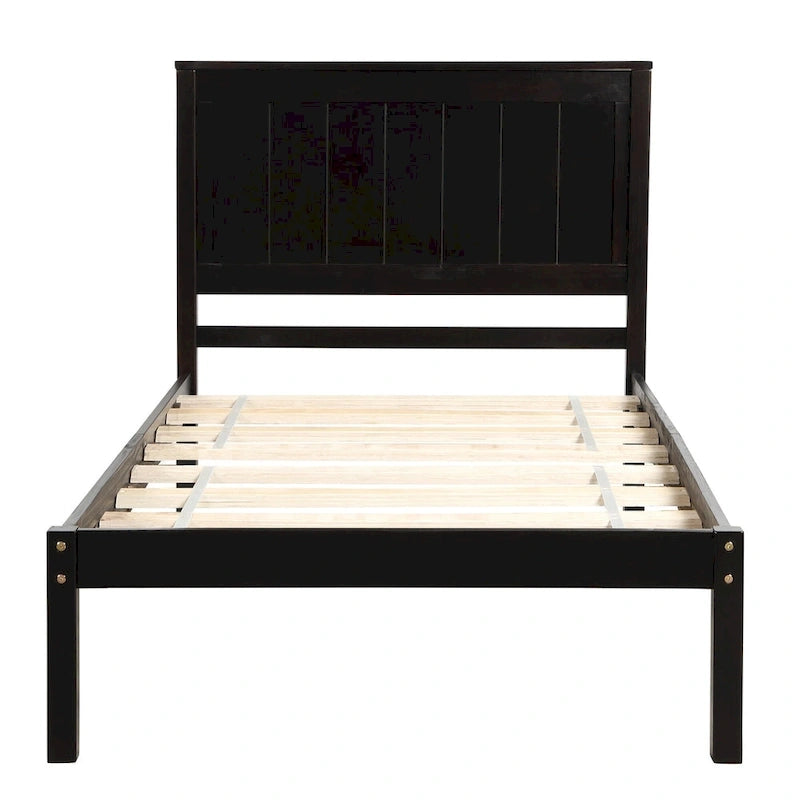 Cadre de lit plateforme double en bois de pin espresso avec tête de lit solide