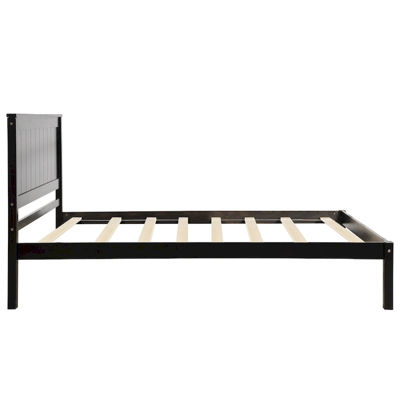 Cadre de lit plateforme double en bois de pin espresso avec tête de lit solide