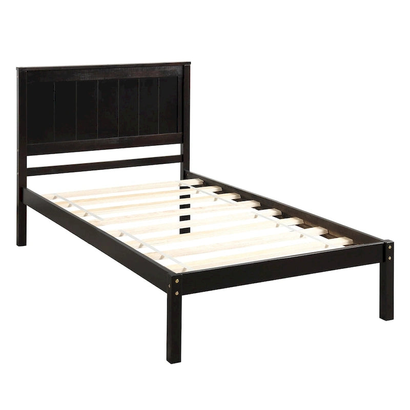 Cadre de lit plateforme double en bois de pin espresso avec tête de lit solide