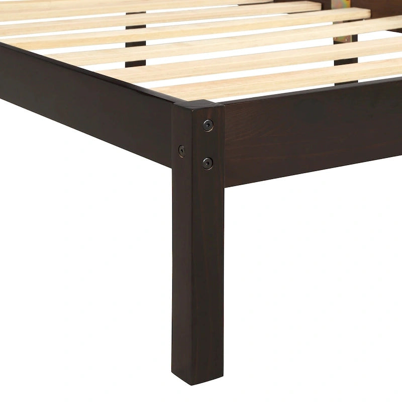 Cadre de lit plateforme double en bois de pin espresso avec tête de lit solide