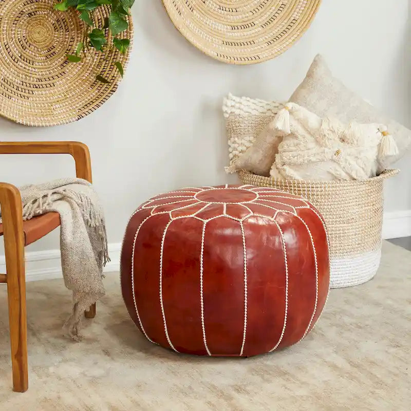 Pouf Repose-pied Rond Bohème en Cuir Véritable Marron Cousu Main