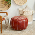 Pouf Repose-pied Rond Bohème en Cuir Véritable Marron Cousu Main