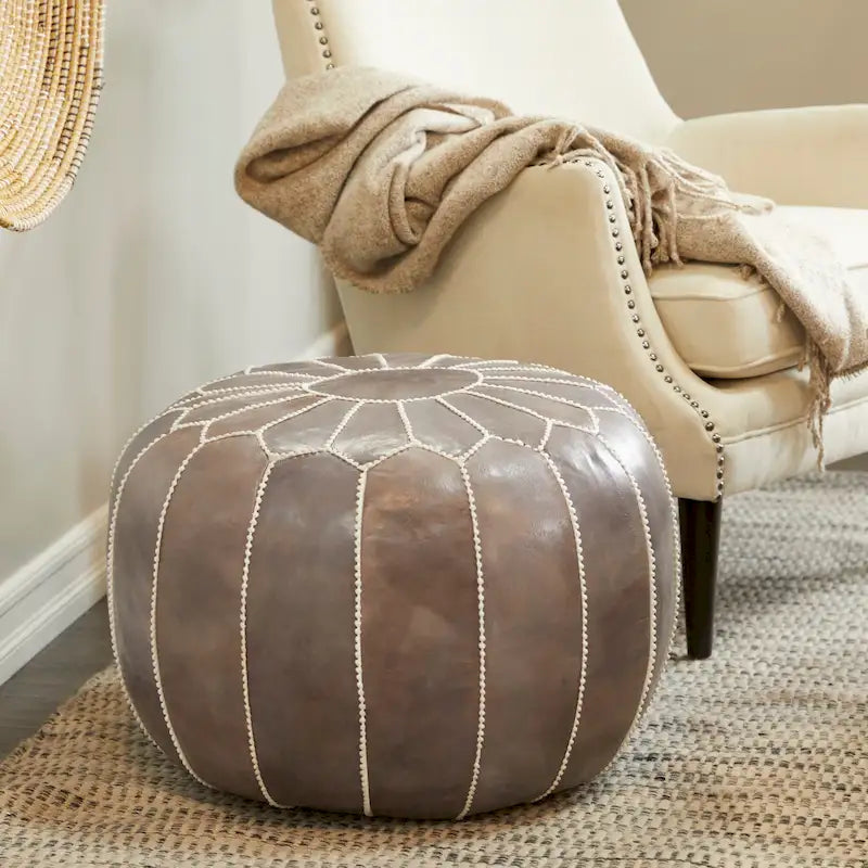 Pouf Repose-pied Rond Bohème en Cuir Véritable Marron Cousu Main