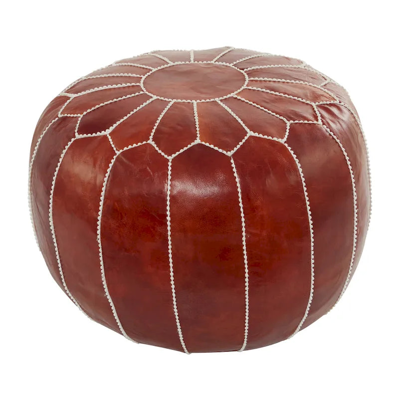 Pouf Repose-pied Rond Bohème en Cuir Véritable Marron Cousu Main