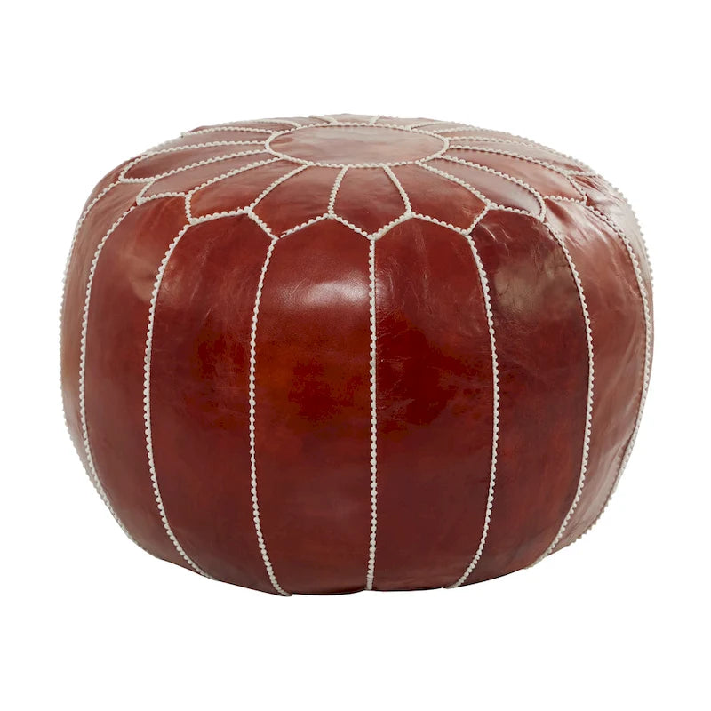 Pouf Repose-pied Rond Bohème en Cuir Véritable Marron Cousu Main