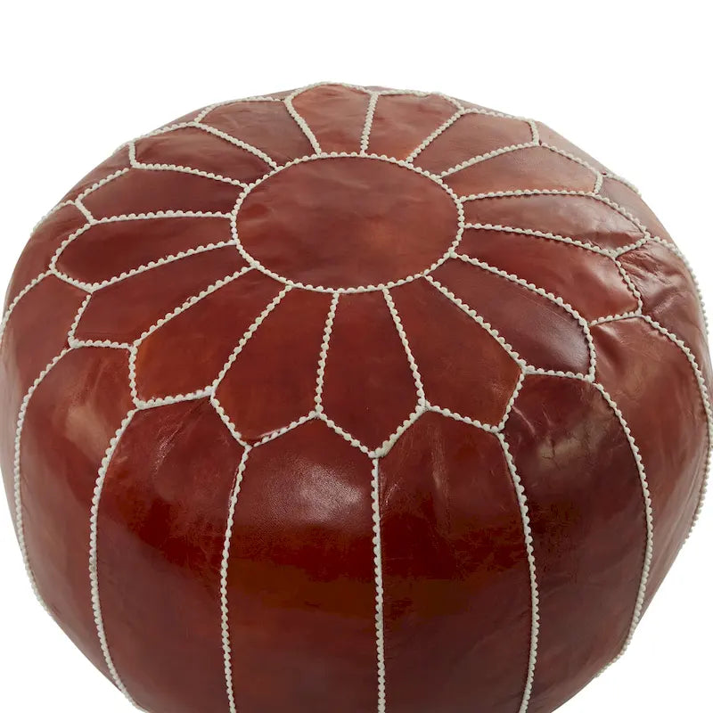 Pouf Repose-pied Rond Bohème en Cuir Véritable Marron Cousu Main