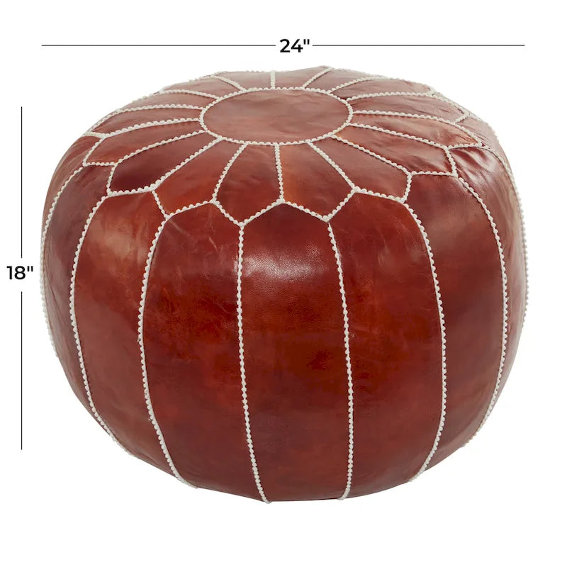 Pouf Repose-pied Rond Bohème en Cuir Véritable Marron Cousu Main