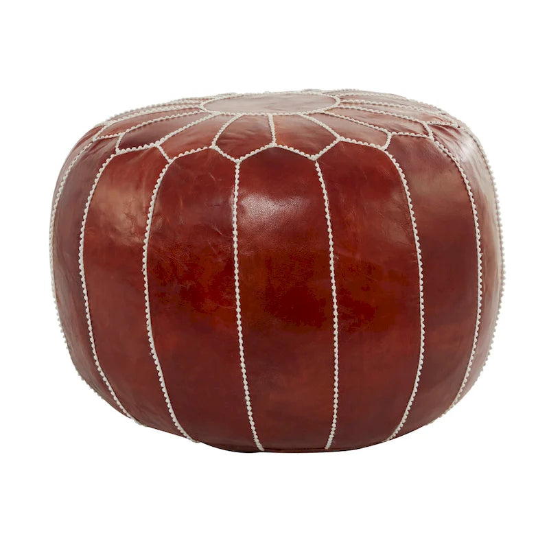Pouf Repose-pied Rond Bohème en Cuir Véritable Marron Cousu Main