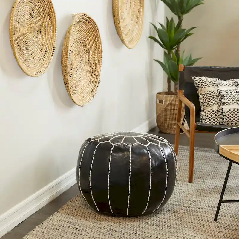 Pouf Repose-pied Rond Bohème en Cuir Véritable Marron Cousu Main