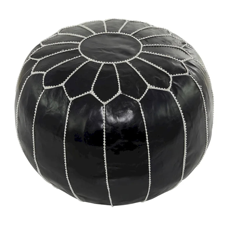 Pouf Repose-pied Rond Bohème en Cuir Véritable Marron Cousu Main