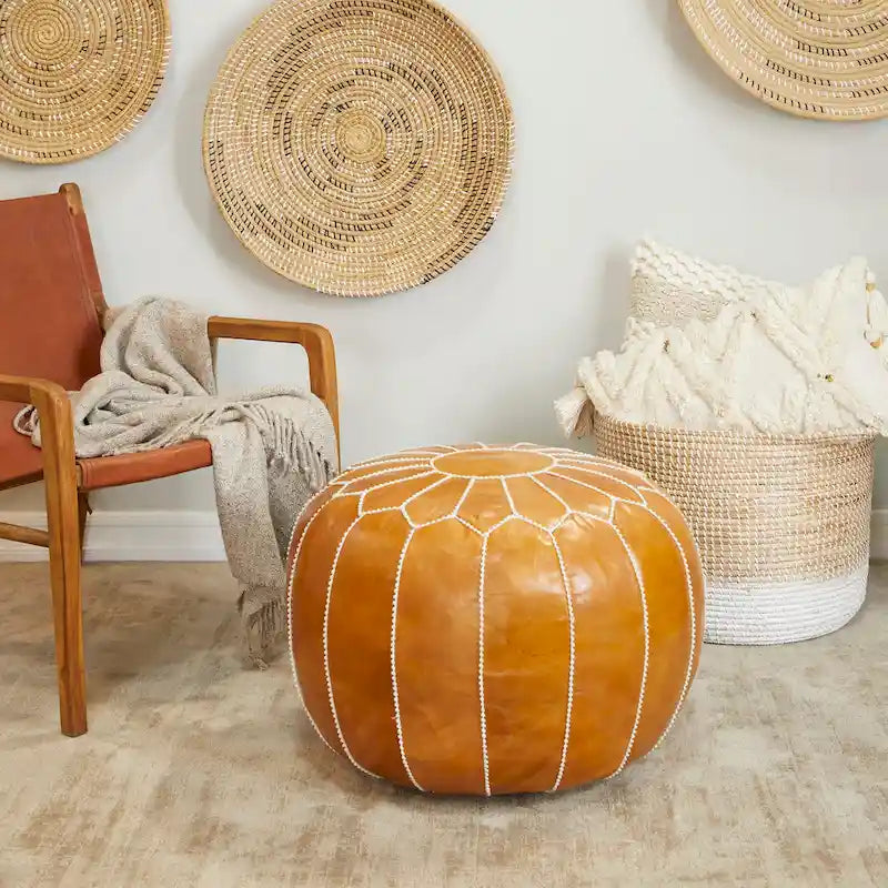 Pouf Repose-pied Rond Bohème en Cuir Véritable Marron Cousu Main