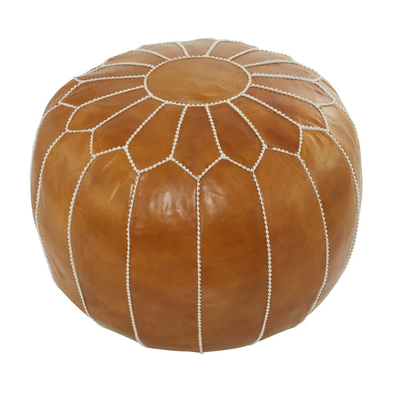 Pouf Repose-pied Rond Bohème en Cuir Véritable Marron Cousu Main