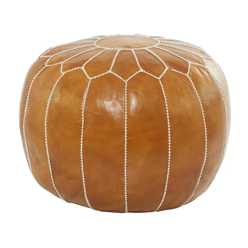 Pouf Repose-pied Rond Bohème en Cuir Véritable Marron Cousu Main