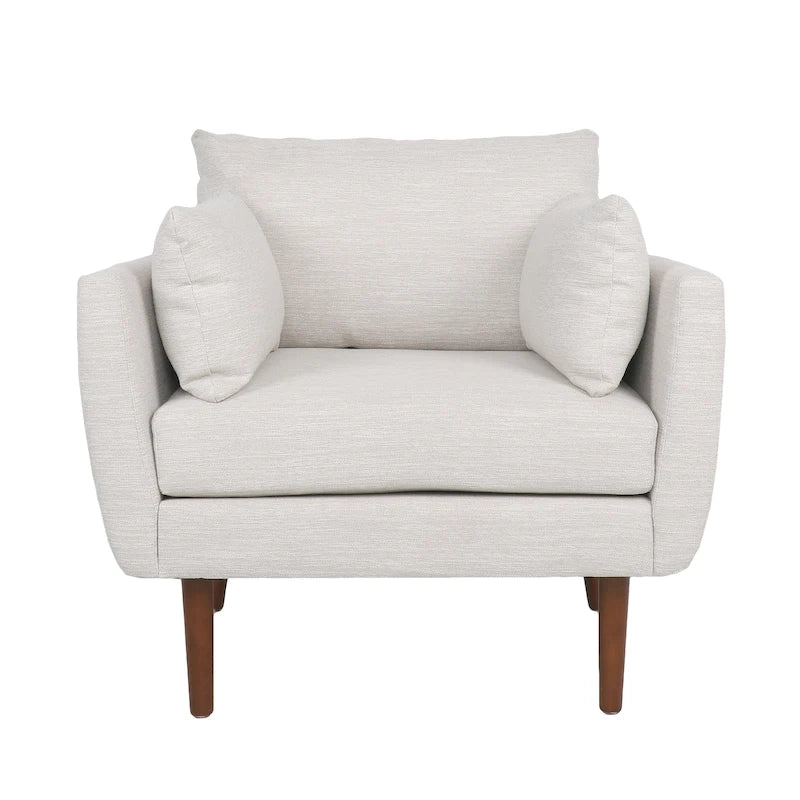 Upholstered Club Chair with Removable Accent Pillows and Walnut Wood Legs